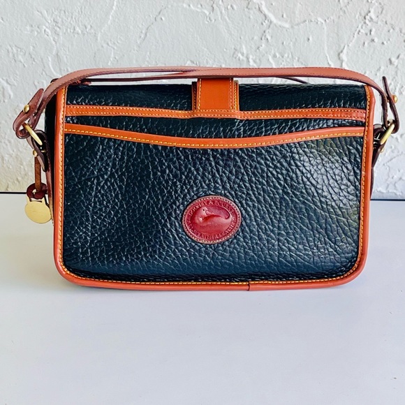 VINTAGE ALL WEATHER LEATHER LARGE EQUESTRIAN BAG BLACK TAN TRIM - Picture 6 of 13